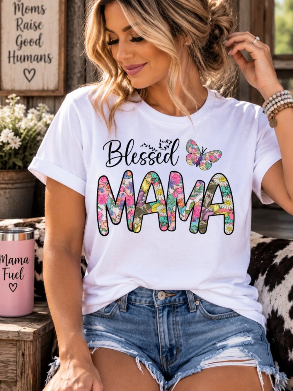 Blessed Mama Graphic T Shirt Trendy Boutique Style Tee Women Gift White